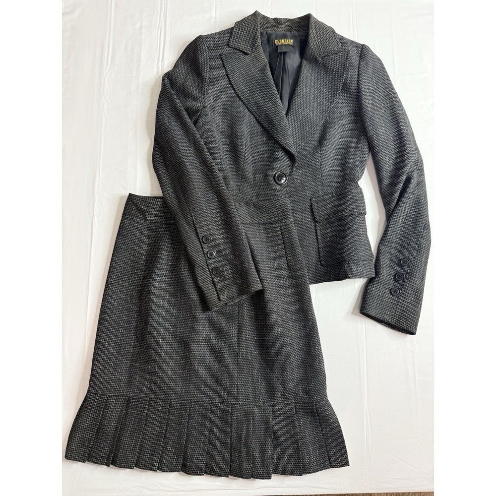 Georgiou Studio Skirt Suit Vintage Y2K Black White Pattern Blazer Office Size 0